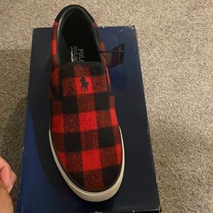 New in the box Ralph Lauren Thompson black and red buffalo plaid sneaker